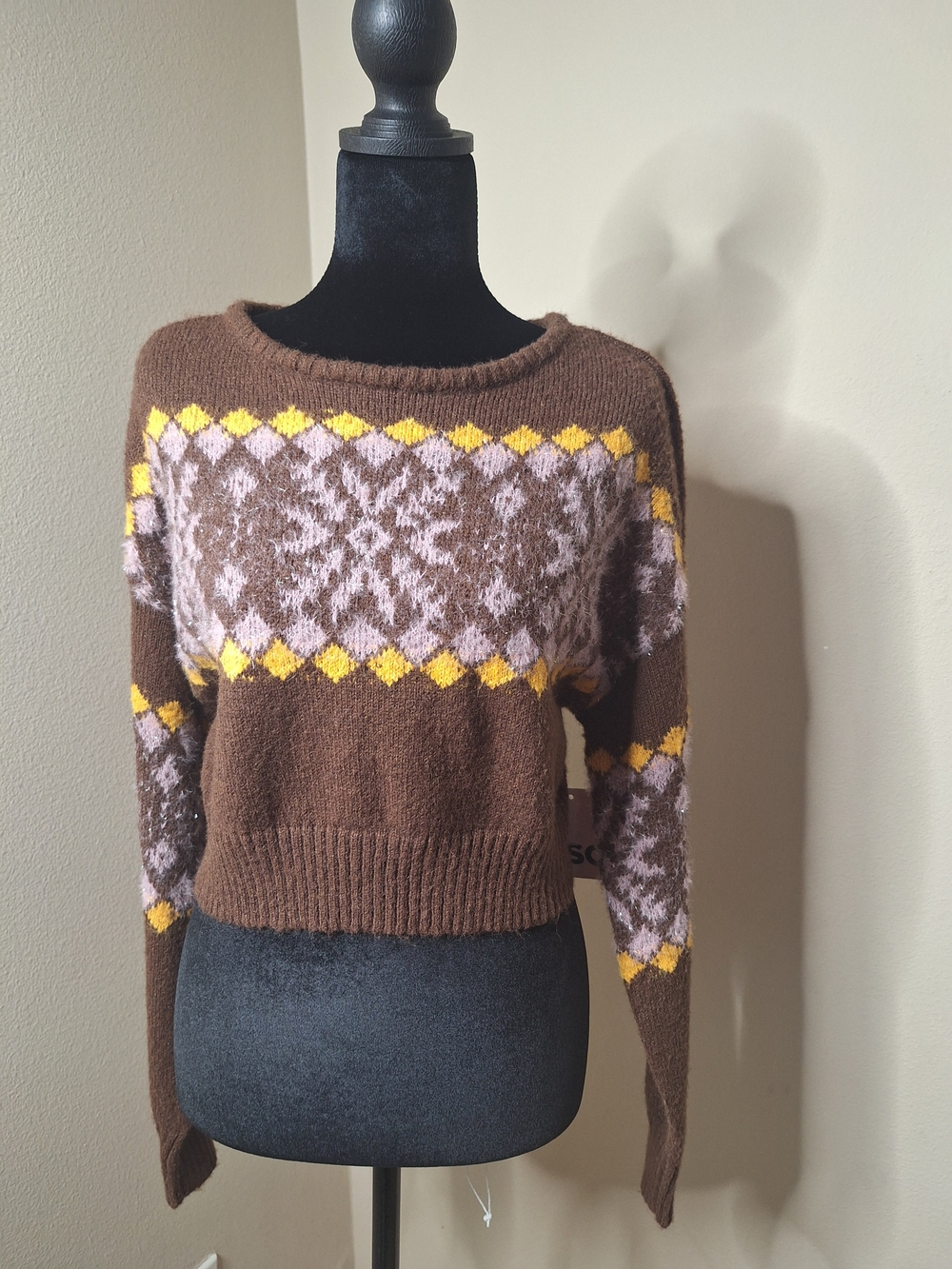 SO Brown Crewneck Sweater with Pink and Yellow Fair Isle